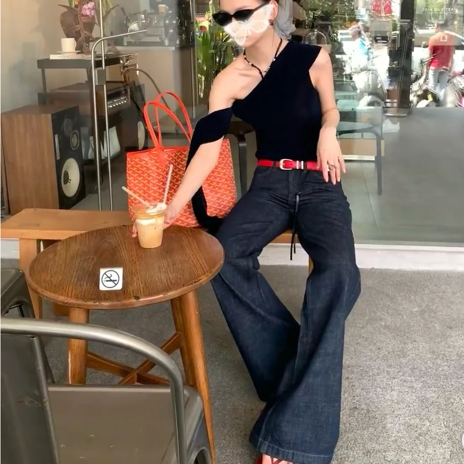 【米妮】低腰做旧牛仔裤女夏季复古设计感修身显瘦直筒裤百搭