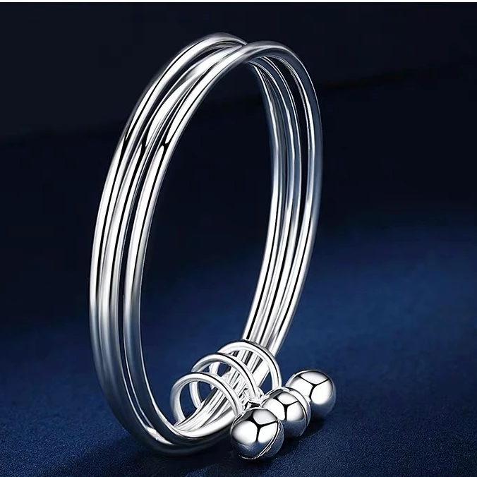 足银手镯 B31足银手镯三生三世闭口铃铛光面简约时尚经典实心