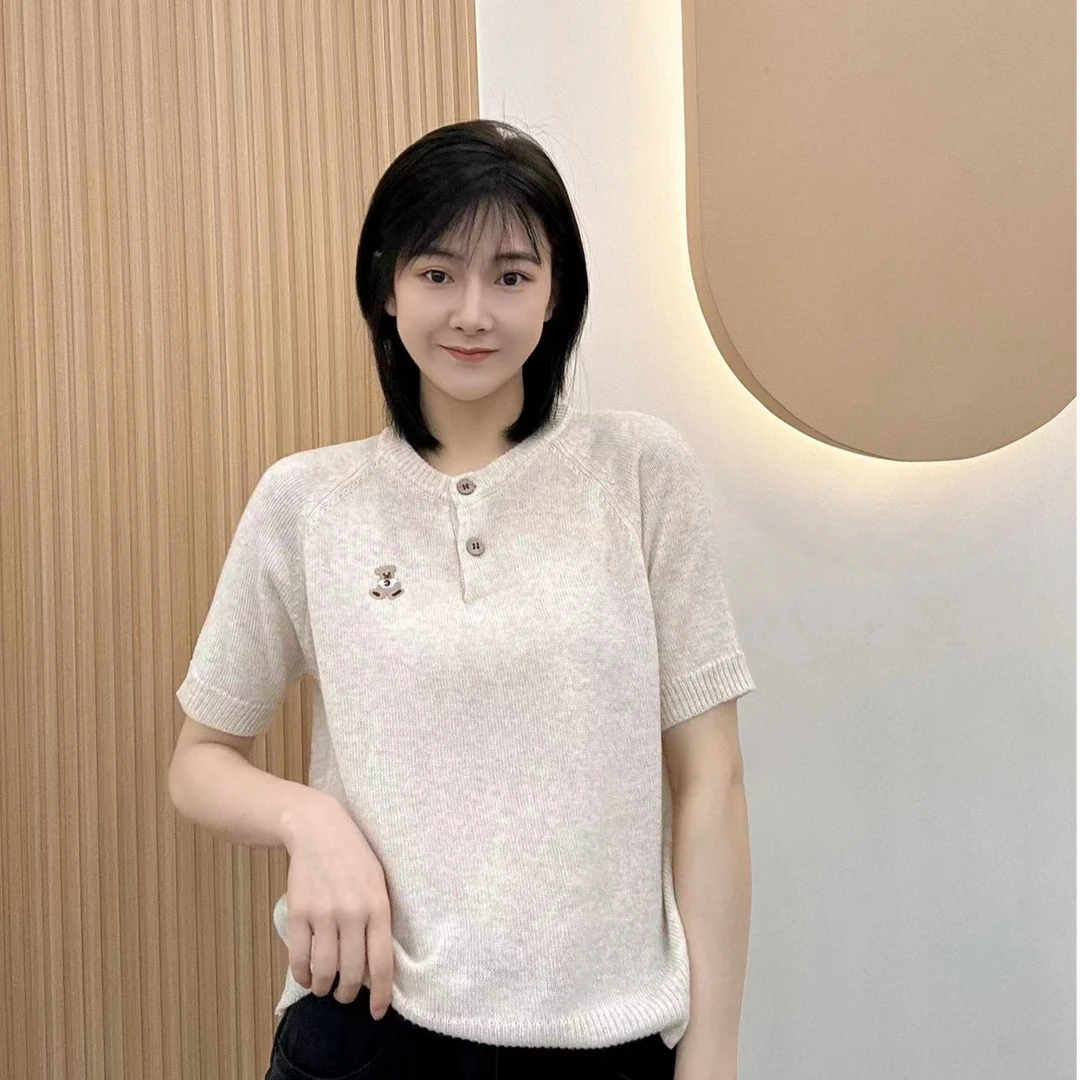 【霓裳甄选】减龄舒适温柔俏皮小熊刺绣手工针织短袖圆领衫056#
