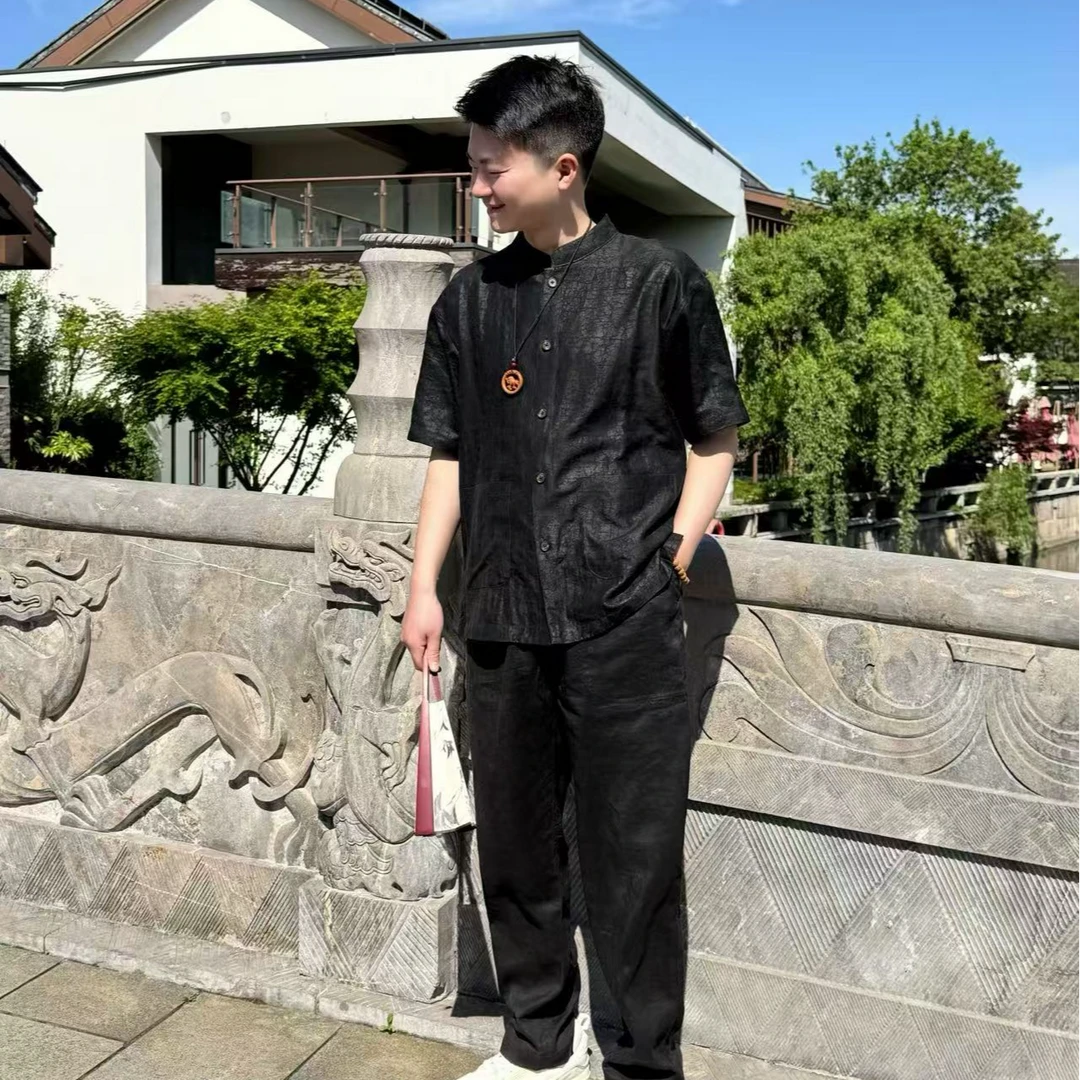 套装/香云纱黑龟100桑蚕丝夏季男士新中式复古国风休闲潮流开衫款