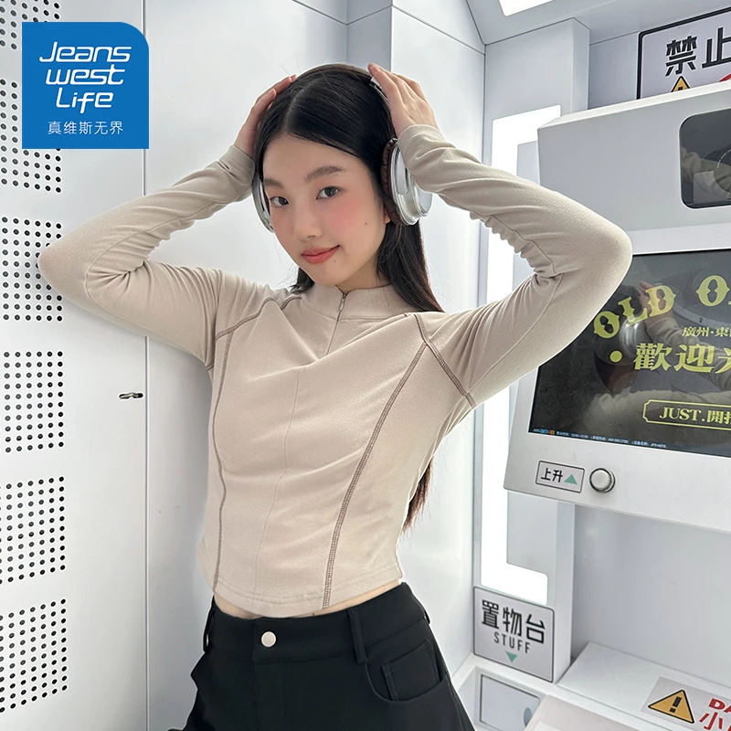 真维斯无界薄绒半高领打底衫女款秋季2025年新款修身显瘦内搭长袖