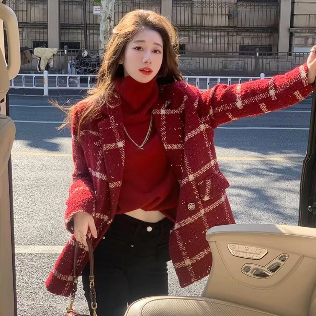 【安安专属】过年洋气大衣时尚红色外套女2024秋冬新款保暖格子外套