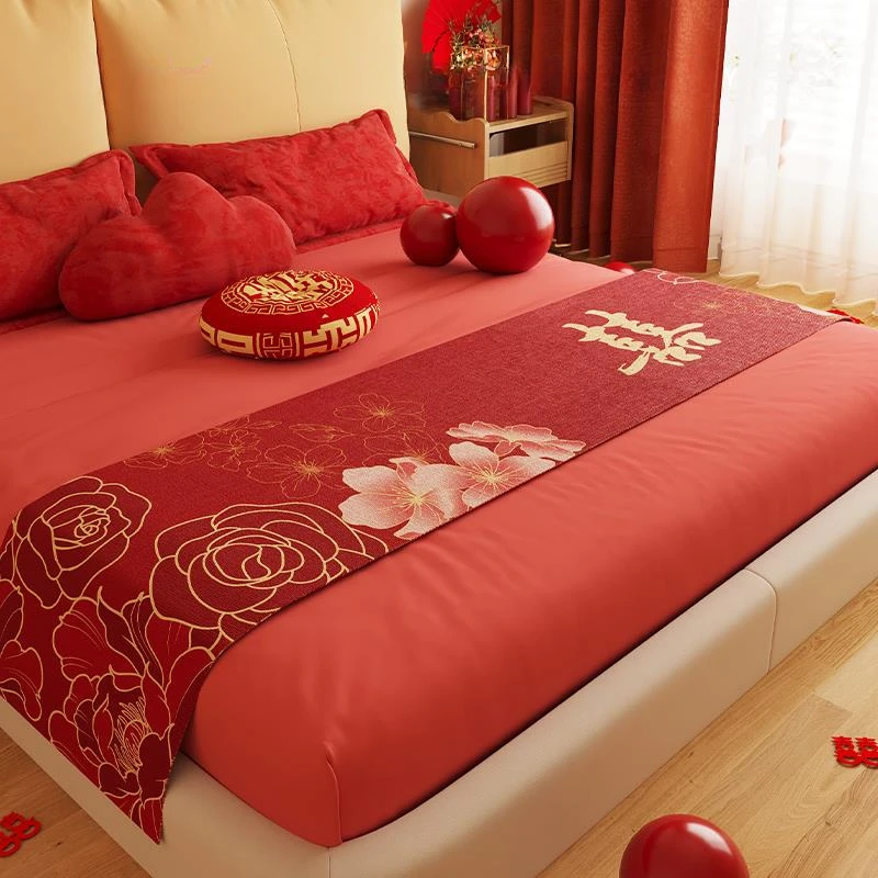 结婚床旗床盖巾红色喜庆婚床氛围感装饰盖布巾婚庆桌旗床尾毯搭巾