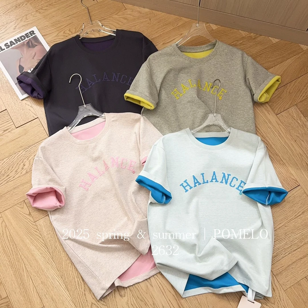 【高端欧货】韩系重工字母刺绣撞色短袖T恤2632