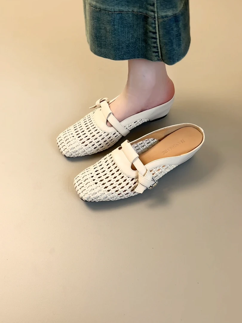 Elingjk/6cm小个子内增高坡跟法式方头编织镂空透气包头拖鞋