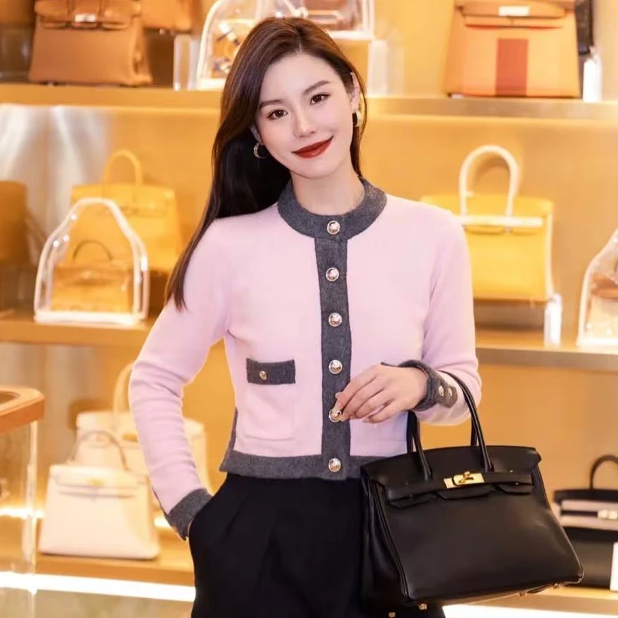 95新 Chanel/香奈儿 粉灰拼色羊绒针织衫/F36/编号962