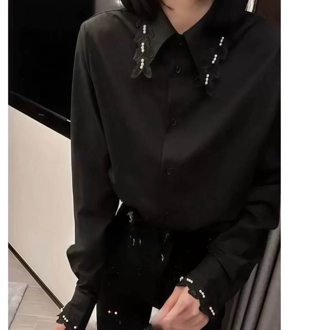 Q3339【特价-占单者限购】优雅黑衬衫蕾丝珍珠点缀尽显高贵气质950