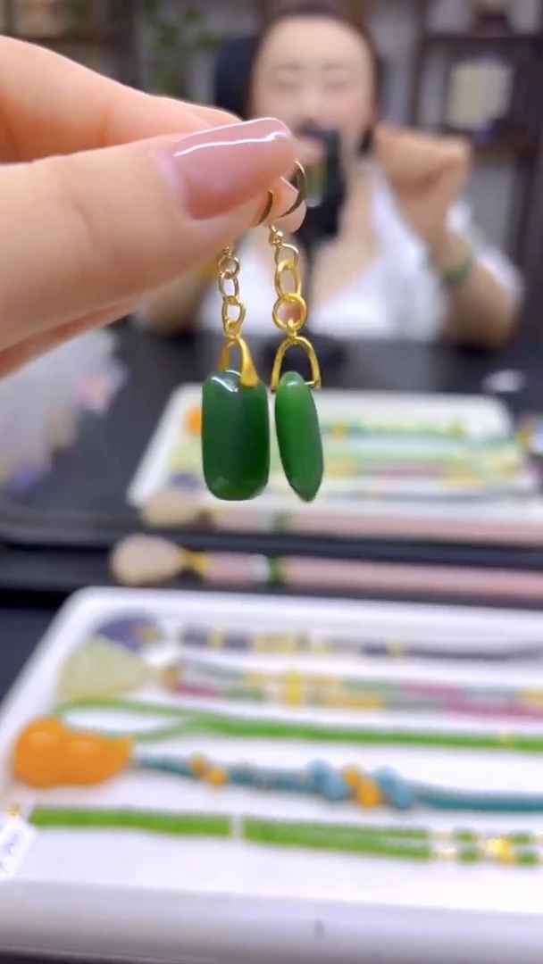 和田玉（碧玉）14K金镶嵌耳饰DIY款E171