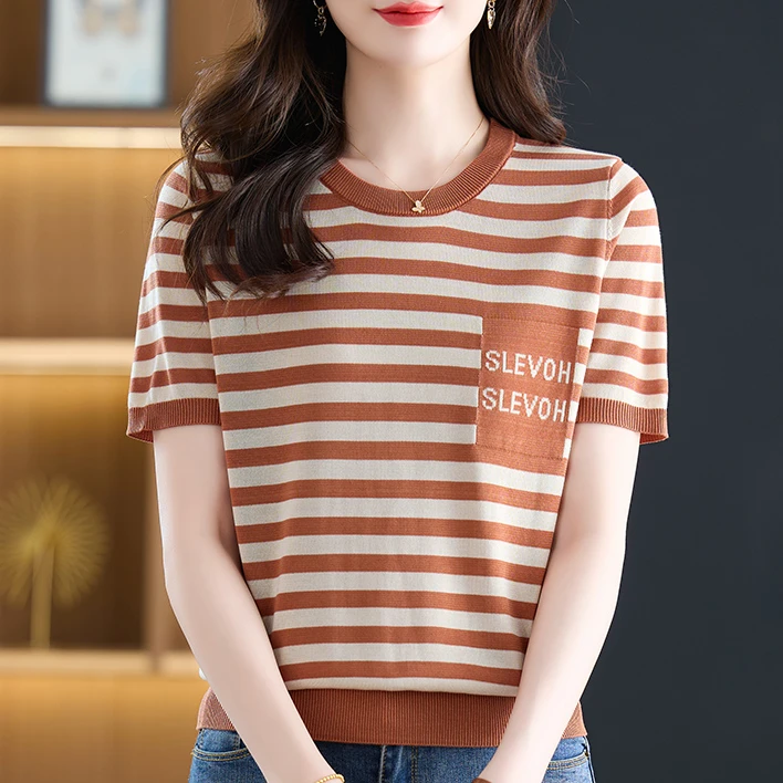桑蚕丝女条纹新款夏季宽松圆领上衣设计感韩版时尚短袖T恤百搭