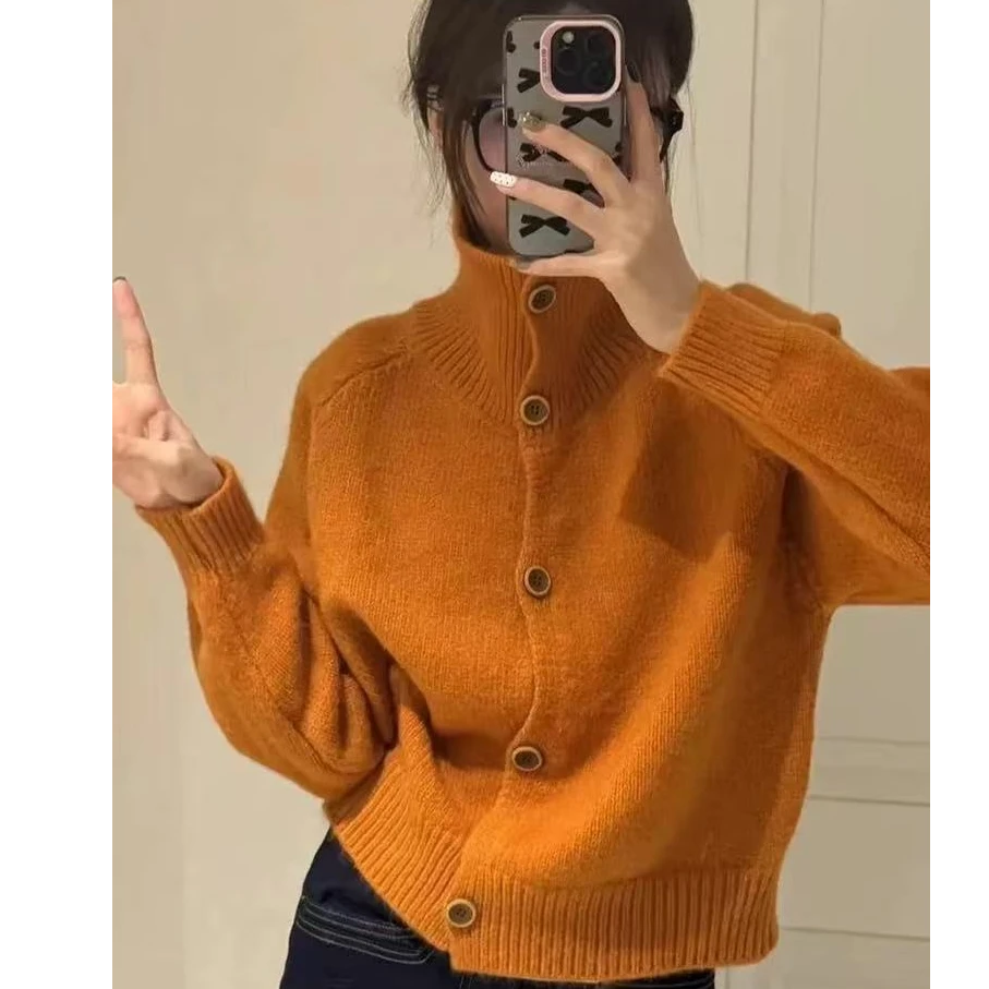 【退运补】爆款秋冬季新款韩系复古棕扣高领针织衫高级感开衫【洋】