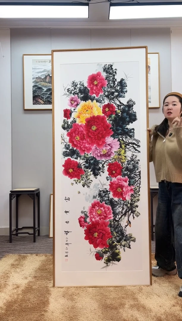 国画手绘牡丹202*82尺寸