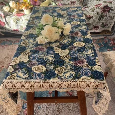 ZN162-6蓝玫瑰【130*130】蓝色妖姬棉麻交织布桌布