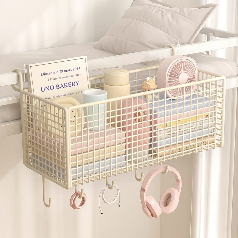 床头置物架挂篮宿舍上铺床边收纳篮子墙上挂钩式悬胡桃实木收纳架