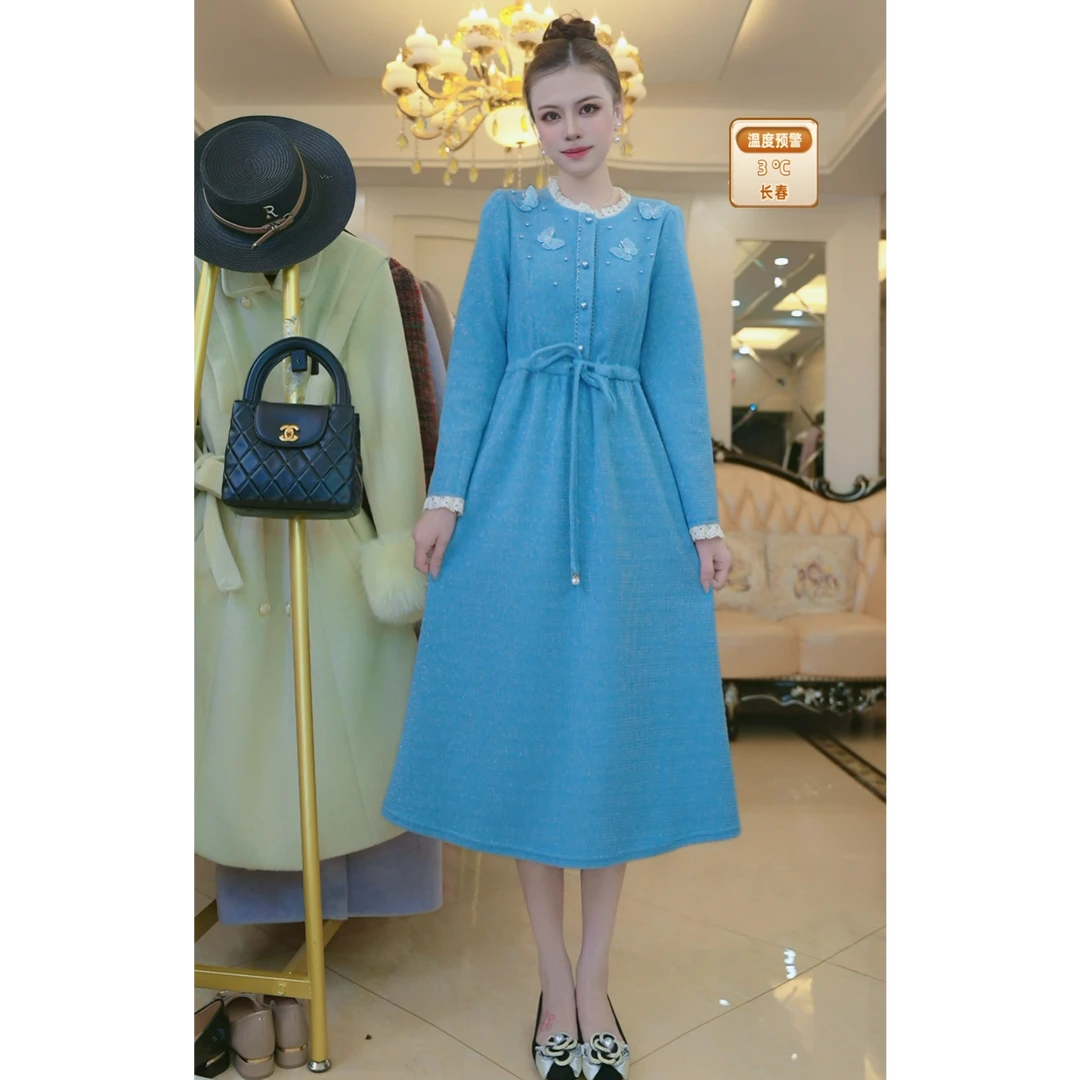 梦想服饰简约气质连衣裙秋冬季新款收腰通勤风系带a字裙5016