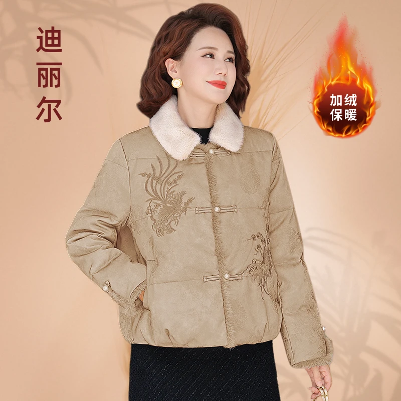 2025冬新款气质中老年女装棉服国风短款保暖外套加绒加厚款翻领