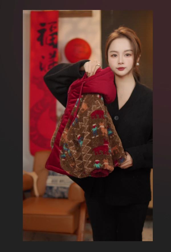 【麋鹿圣诞】2024冬季儿童韩版宽松保暖加绒连帽加厚外套