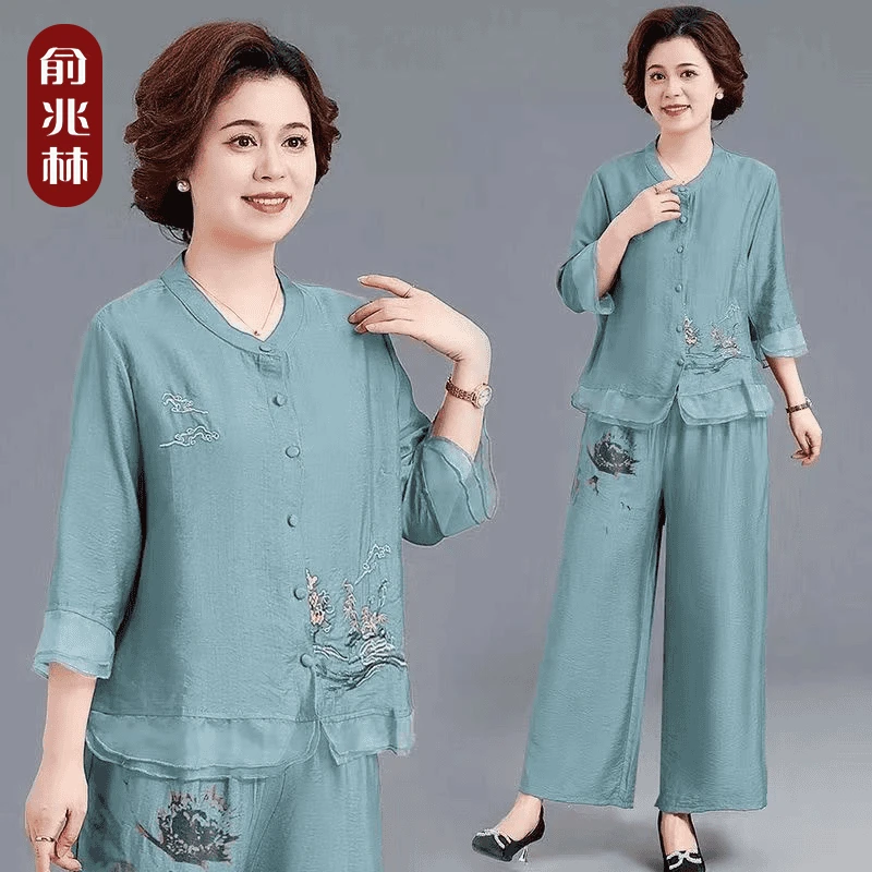 夏季刺绣宽松套装时尚洋气阔腿裤大码两件套中年中老年妈妈装上衣