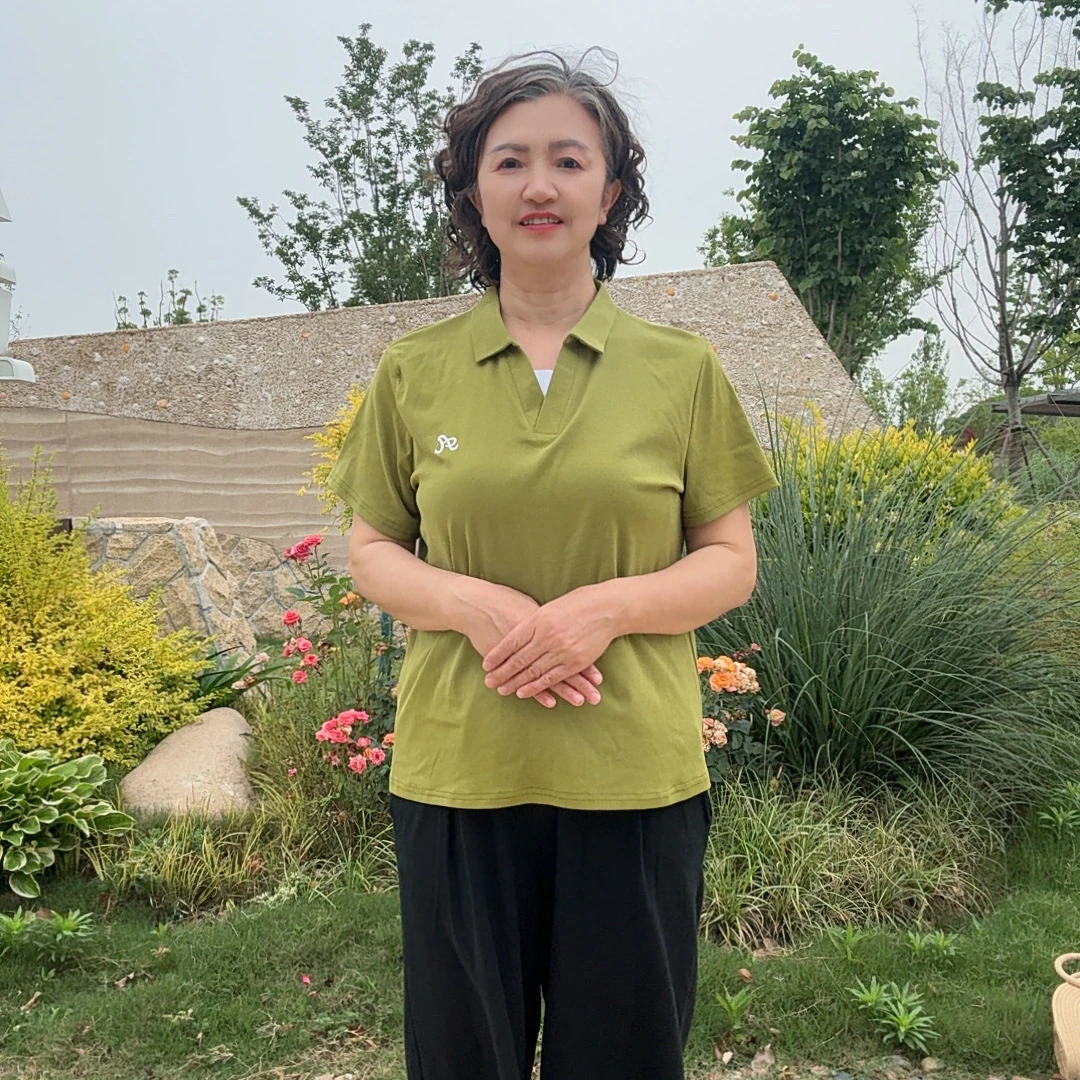 POLO领刺绣简约翻领透气宽松运动常规纯色吸汗短袖T恤中老年女装