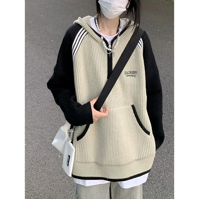 美式毛衣外套女秋冬宽松潮流插肩袖连帽撞色日系慵懒风针织衫上衣