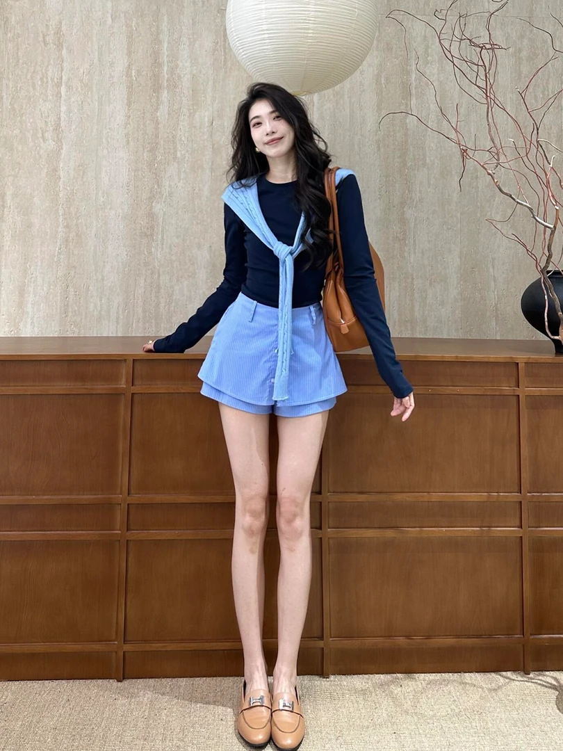 气质一整套ootd穿搭小个子盐系轻熟蓝色上衣裙裤韩里韩气两件套装