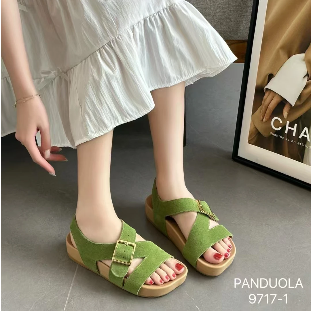 平底勃肯9717-1凉鞋新款夏季外穿配裙子软木交叉带沙滩罗马凉鞋