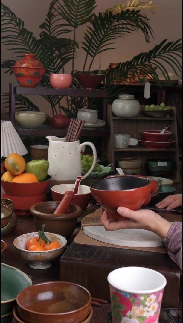 碗景德镇手工高温餐具复古红斗笠