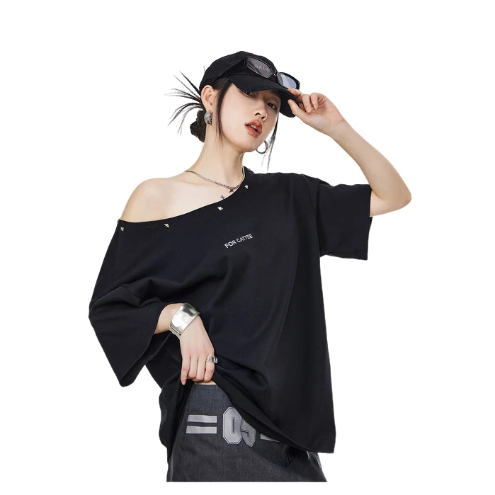 ICHMODE美式设计感短袖T恤女斜肩上衣宽松时尚休闲打底夏季纯色