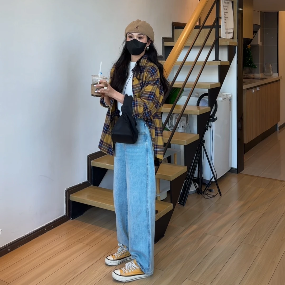 150小个子显瘦百搭拖地裤新款时尚百搭高腰直筒宽松女蓝色