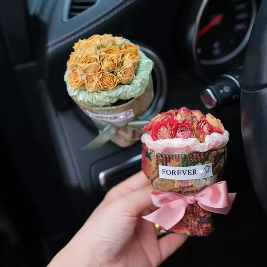 口袋见面小花束MINI礼物装饰品汽车出风口迷你玫瑰粉色38女神节52