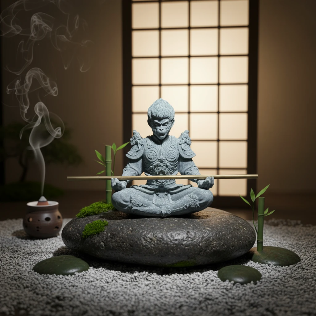 盔甲大圣归来青砂石鱼缸造景黑神话悟空桌面禅意茶室摆件送礼