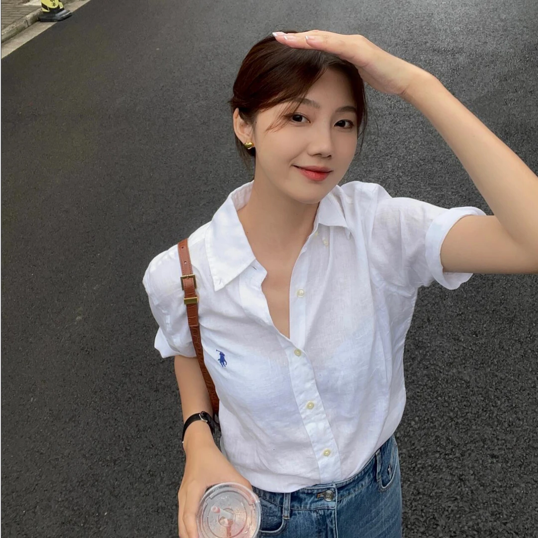 RL欧美拉夫男女同款短袖亚麻衬衫情侣同款衬衣上衣夏季百搭经典款