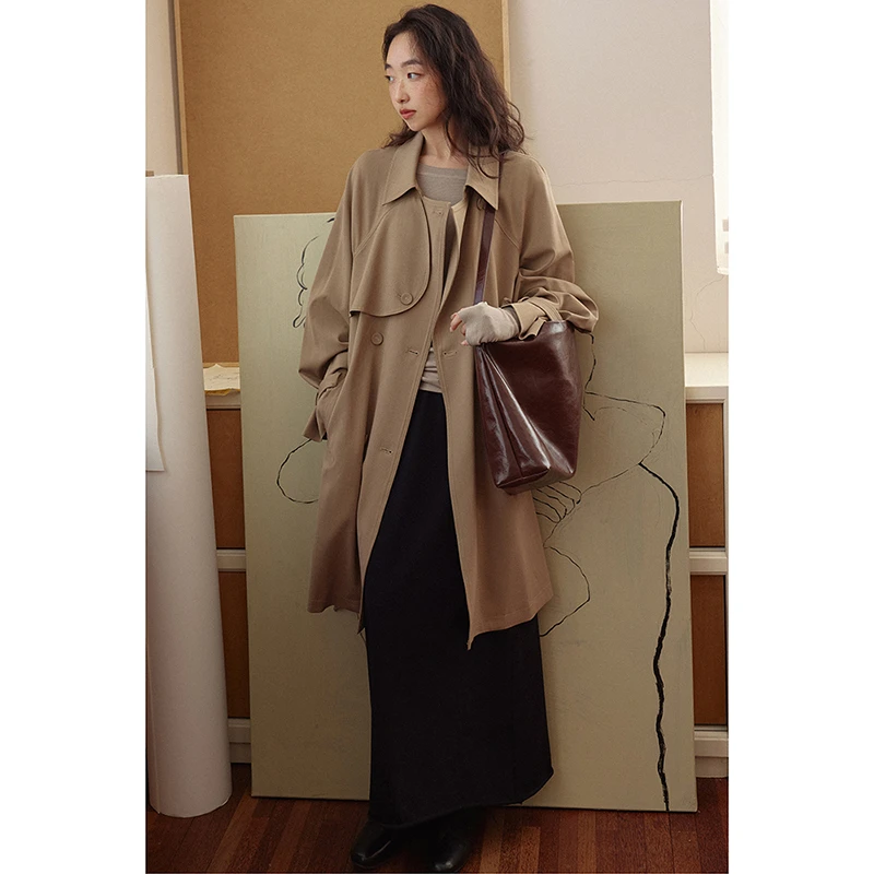 popchrio高级感撞色领卡其色风衣小个子灯笼袖中长款休闲外套女