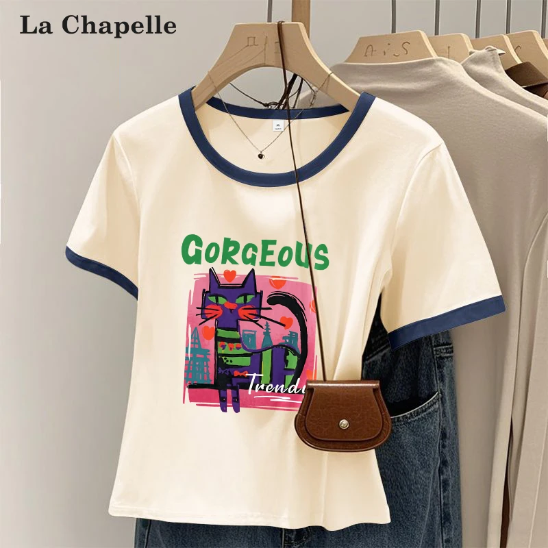 拉夏贝尔纯棉圆领短袖T恤2025夏季女士休闲百搭透气短款宽松上衣