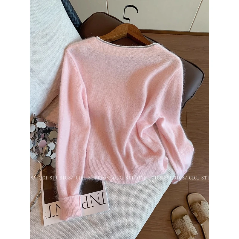 韩系温柔风粉色v领针织开衫女早秋2025新款气质甜美显瘦短款毛衣