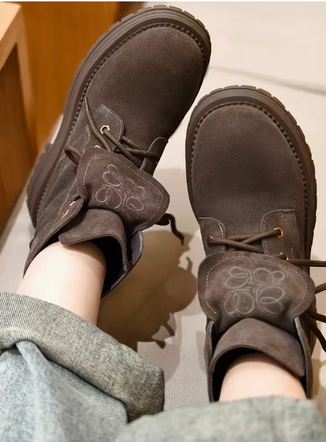 美洋MEIYANG 暮色烟云短靴 牛反绒复古圆头厚底增高马丁靴