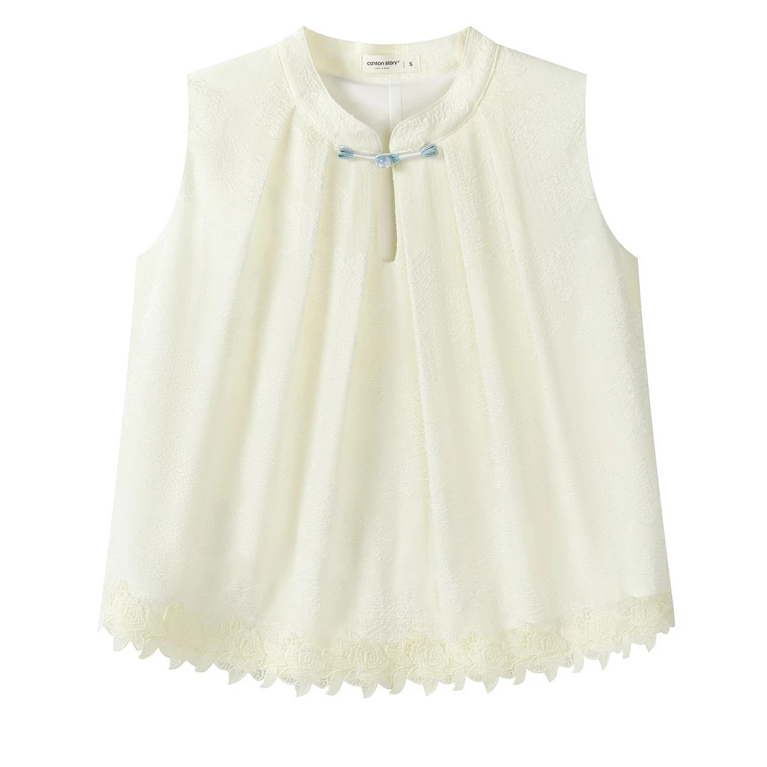 羊城故事-杏色钩花无袖衬衫女新中式蕾丝边马甲上衣Y50650834