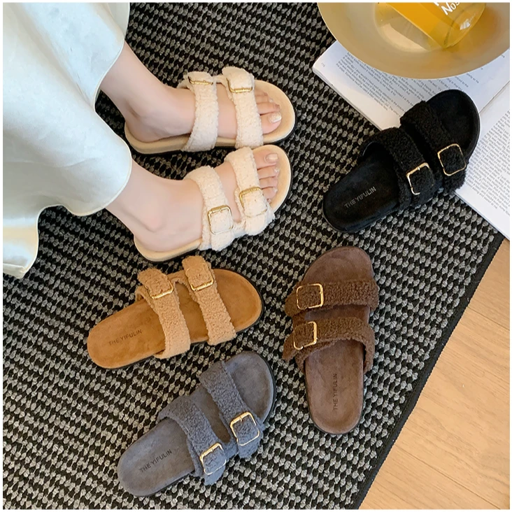 浅口厚款罗马元素冬季耐磨一字拖时尚ins平底外穿毛毛拖鞋