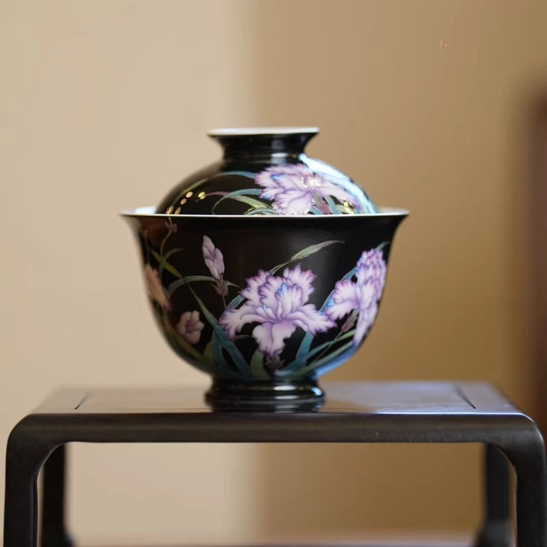 溢珍堂丨黑鸢尾花盖碗 125ML 景德镇瓷器纯手工手绘陶瓷茶杯茶具