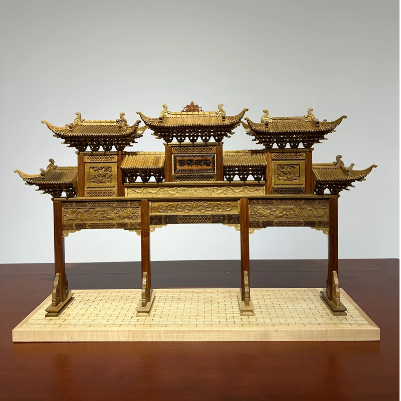 中式东阳木雕古建筑模型三门牌楼模型客厅办公室书房桌面摆件礼品