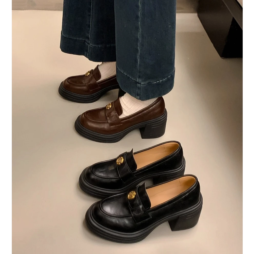 小香风复古粗跟小皮鞋女春季新款浅口乐福鞋厚底职业OL高跟单鞋子