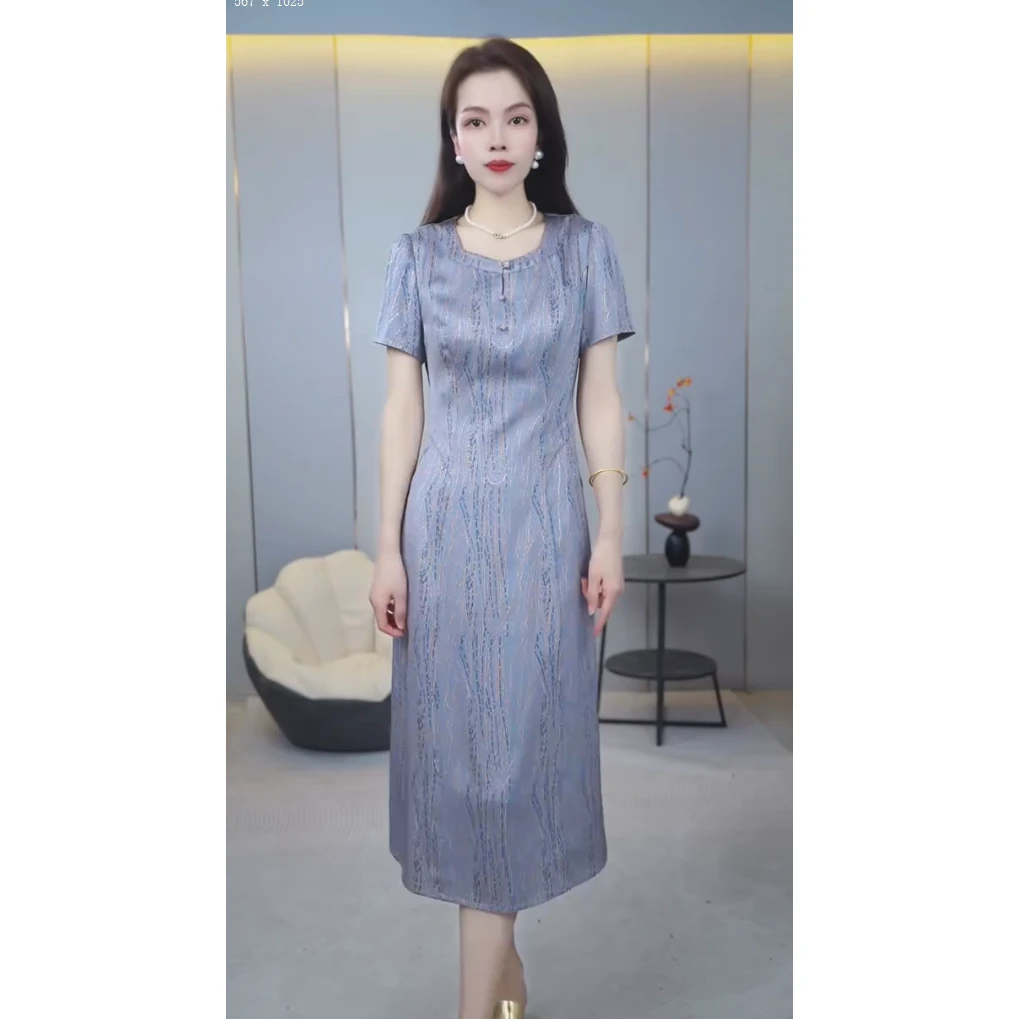 【3077】夏季新款连衣裙减龄收腰显瘦时尚妈妈装连衣裙中长款优雅