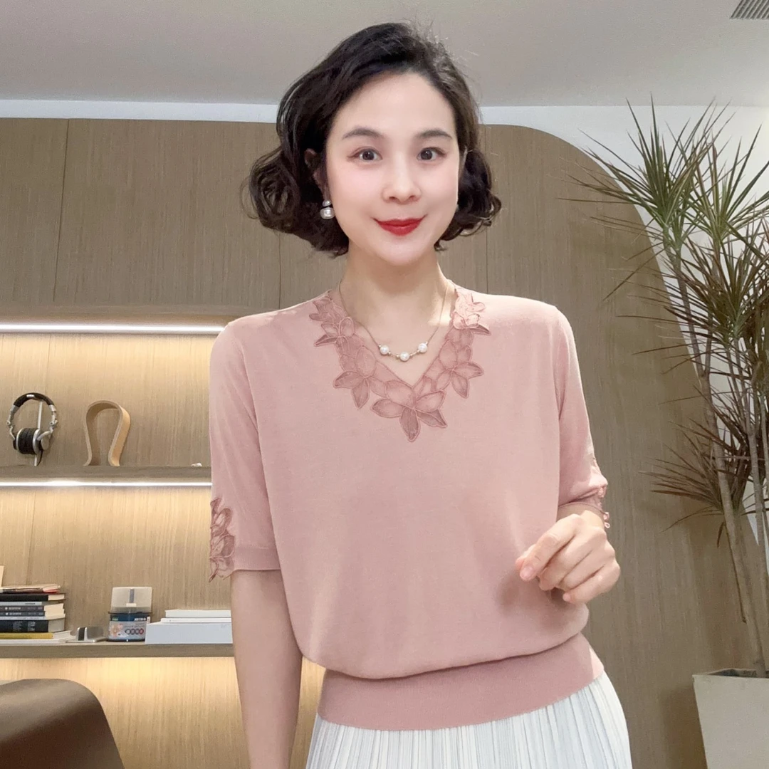 【香水百合】短袖V领蕾丝领针织套头衫春夏新款#DQ2469