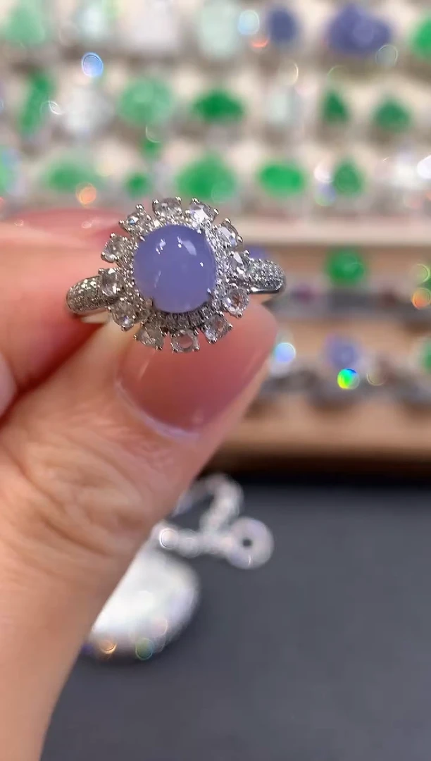 18K金镶嵌戒指翡翠a91紫货有色差