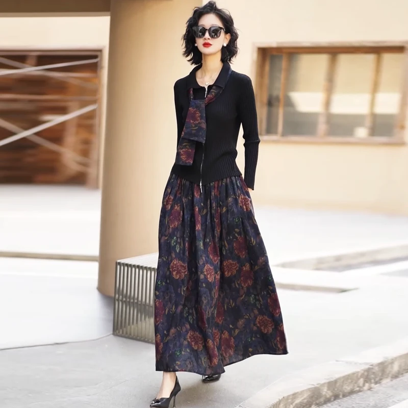 复古蓝花印花时尚套装裙女2026早春新款高级洋韩系减龄蓝裙套装潮