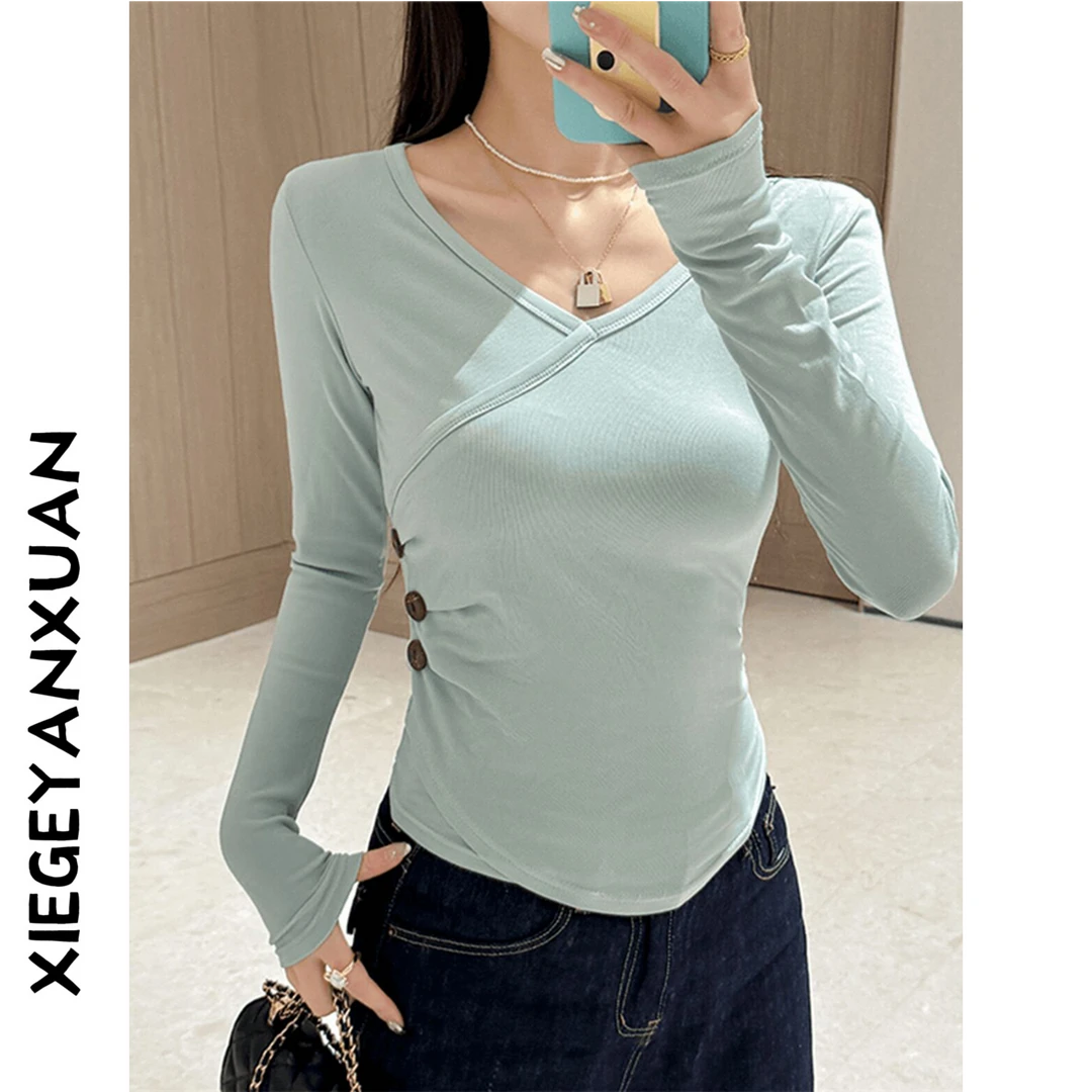 纯色百搭时尚设计感长袖T恤女秋新款掐腰修身显瘦纯欲打底衫