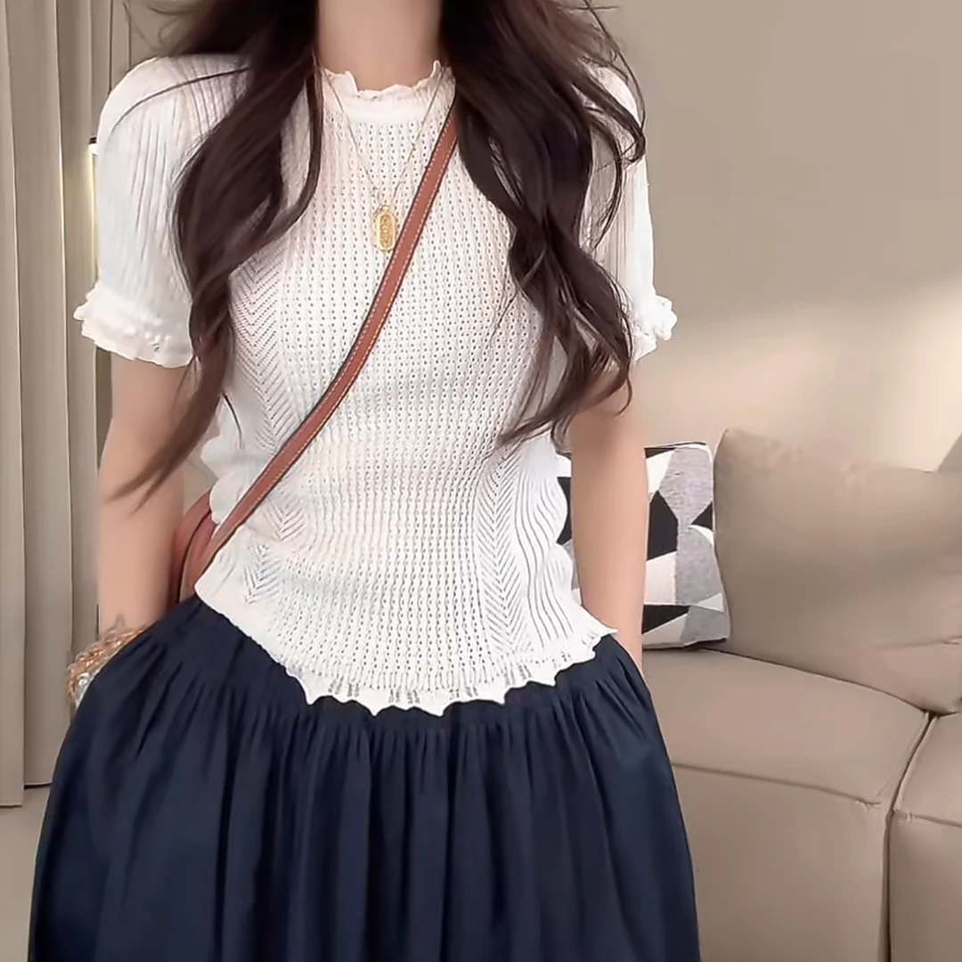 时尚木耳边设计气质镂空短袖针织衫2025春季女休闲百搭显瘦上衣