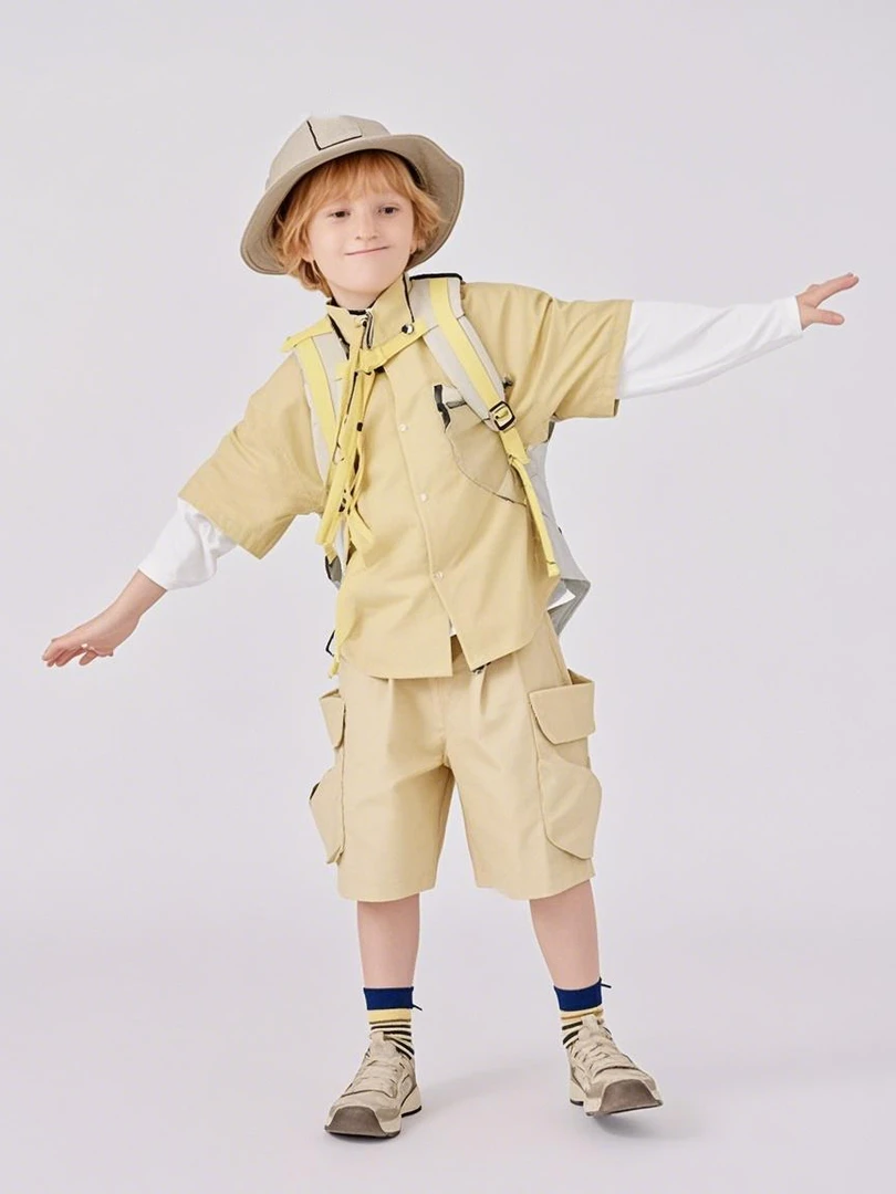 肉肉家-【鸟+男童组合三件装】夏季撞色短袖衬衫儿童背心工装短裤