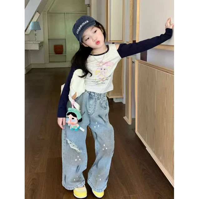 洋气女儿服宝宝衣服女童牛仔裤春秋款新款装秋装T恤套装衫阔腿裤