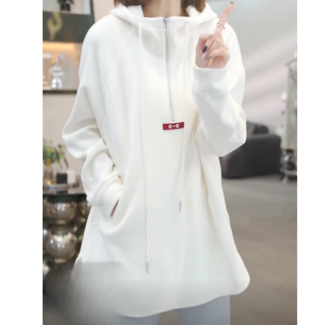 设计感半拉链连帽加绒加厚卫衣女冬季2024新款保暖抽绳长袖上衣