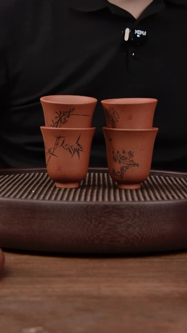 茶壶紫砂红清水刻绘主人杯！！！1套4个 梅兰竹菊